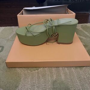 Billini Green Platform Sandals on Peach Box